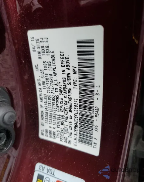 2015 Honda Cr-V Lx from USA, damaged, VIN 5J6RM4H36FL060271